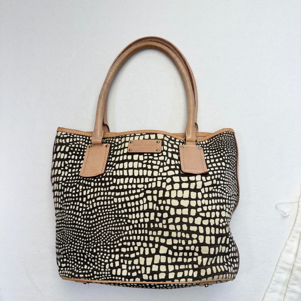 Kate Spade New York Canvas Tote Bag Brown White Geometric Print Leather Trim